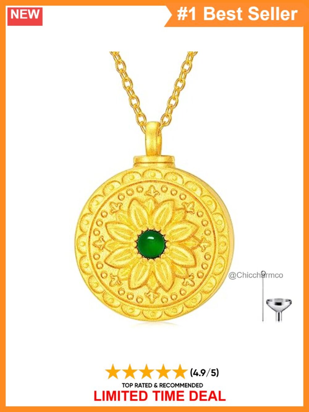 10K Gold Emerald Cremation Urn Locket Necklace Sunflower Memorial Jewelry